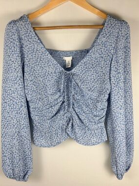 H&M Blue Ditsy Floral Ruched Tie Front Crop Top Smocked Back Coquette Small Boho